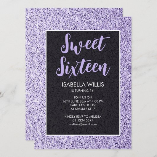 Licht violet sparkles Sweet 16 elegant script Kaart (Voorkant / Achterkant)