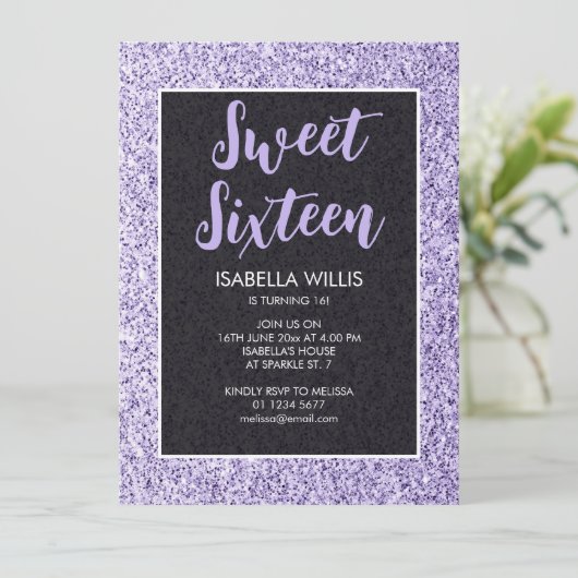 Licht violet sparkles Sweet 16 elegant script Kaart (Staand voorkant)
