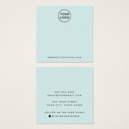 Licht waterblauw aangepaste logo-oorenkaart vierkante visitekaartjes (Voorkant /achterkant)