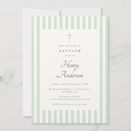Licht Wijze Groene Streep Elegante Doop Jongen Nod Kaart (Voorkant)