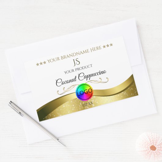 Licht Witte Golflijn Gouden Logo Monogram Productl Rechthoekige Sticker (Envelop)