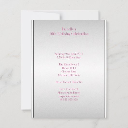 Licht Zilver Metaal Bord Roze Bloemen 16e Verjaard Kaart (Achterkant)