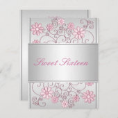Licht Zilver Metaal Bord Roze Bloemen 16e Verjaard Kaart (Voorkant / Achterkant)