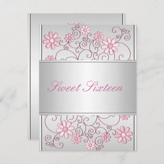 Licht Zilver Metaal Bord Roze Bloemen 16e Verjaard Kaart (Voorkant / Achterkant)