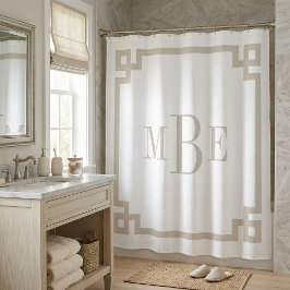 Lichtbeige en witte Griekse sleutel | Monogram Douchegordijn