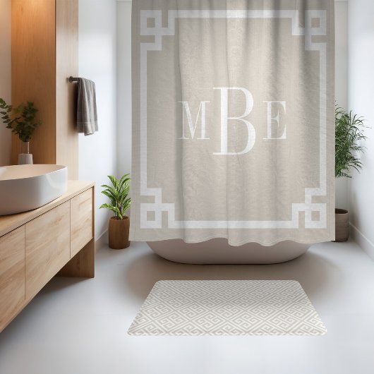 Lichtbeige en witte Griekse sleutel | Monogram Douchegordijn