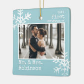 Lichtblauw 1e Kerstmis Mr. & Mrs. Aangepaste foto Keramisch Ornament (Links)