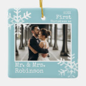 Lichtblauw 1e Kerstmis Mr. & Mrs. Aangepaste foto Keramisch Ornament (Voorkant)