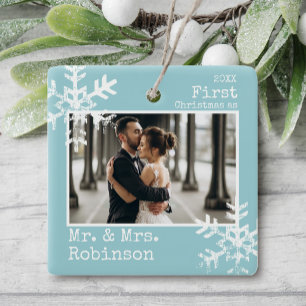 Lichtblauw 1e Kerstmis Mr. & Mrs. Aangepaste foto Keramisch Ornament