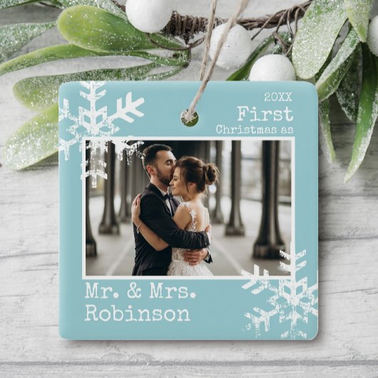 Lichtblauw 1e Kerstmis Mr. & Mrs. Aangepaste foto Keramisch Ornament