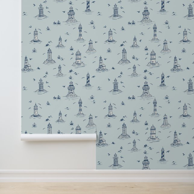 Lichtblauw Aquarel Vuurtoren Kust Toile Behang (Applicatie)