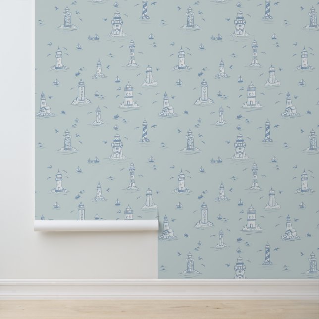 Lichtblauw Aquarel Vuurtoren Toile Kust Behang (Applicatie)