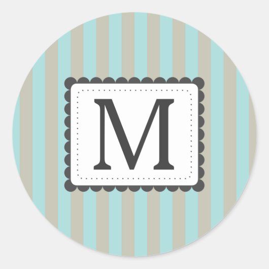 Lichtblauw & beige strepen Custom Monogram Ronde Sticker (Voorkant)