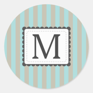 Lichtblauw & beige strepen Custom Monogram Ronde Sticker