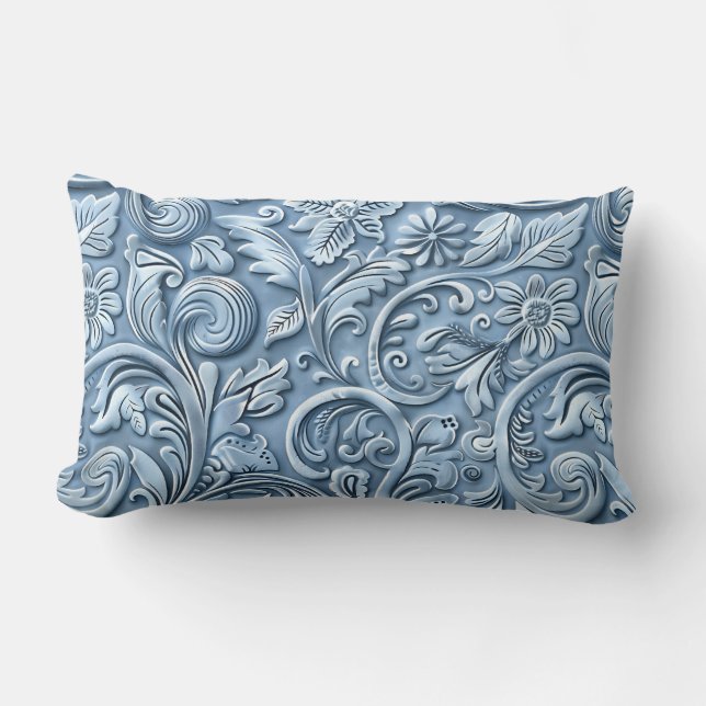  lichtblauw bewerkt leder kussen (Voorkant)