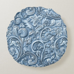 lichtblauw bewerkt leder rond kussen