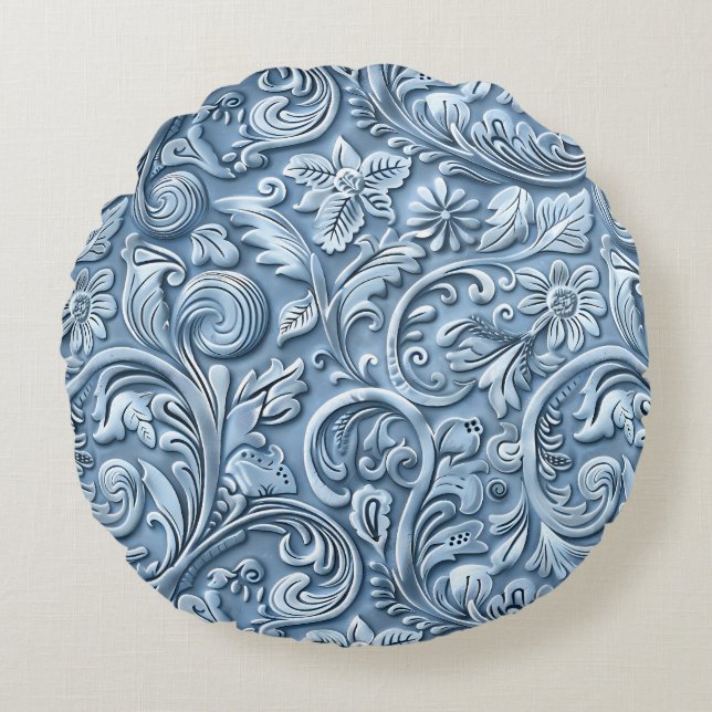  lichtblauw bewerkt leder rond kussen (Voorkant)