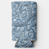 lichtblauw bewerkt leder seltzer blikjeskoeler (Voorkant)