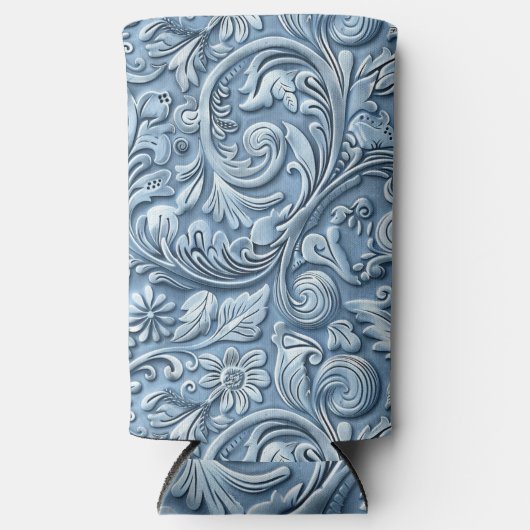  lichtblauw bewerkt leder seltzer blikjeskoeler (Voorkant)