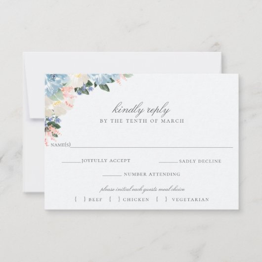 Lichtblauw Bloemen Bruiloft RSVP Maaltijdkeuze Kaa (Voorkant)
