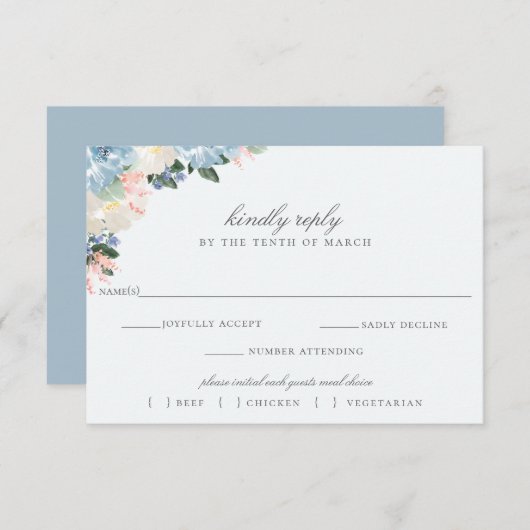Lichtblauw Bloemen Bruiloft RSVP Maaltijdkeuze Kaa (Voorkant / Achterkant)