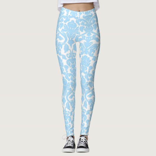Lichtblauw Bloemen Damaskpatroon Leggings (Voorkant)