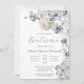 Lichtblauw Bloemen Doop Spaanse Uitnodiging (Voorkant)