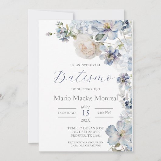 Lichtblauw Bloemen Doop Spaanse Uitnodiging (Voorkant)