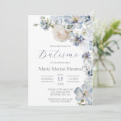 Lichtblauw Bloemen Doop Spaanse Uitnodiging (Staand voorkant)