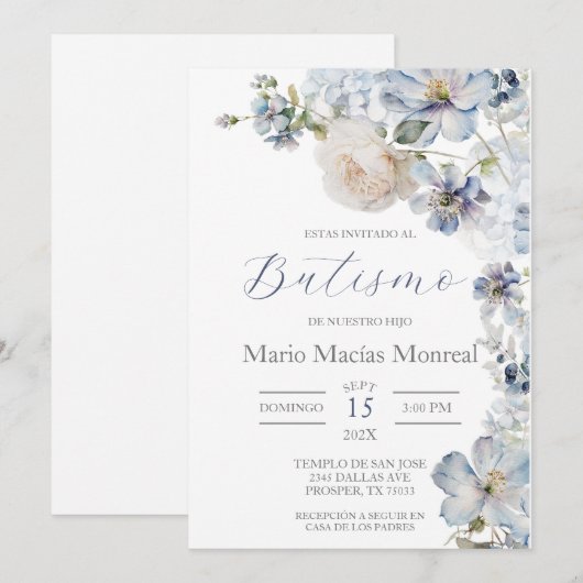 Lichtblauw Bloemen Doop Spaanse Uitnodiging (Voorkant / Achterkant)