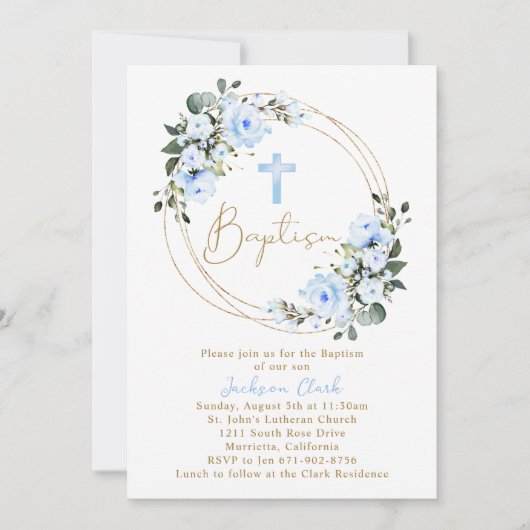 Lichtblauw Bloemen Dopen Goud Lijst Kaart (Voorkant)