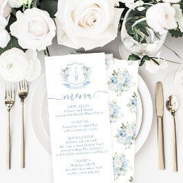 Lichtblauw Bloemen Franse Crest Wedding Menu Kaart