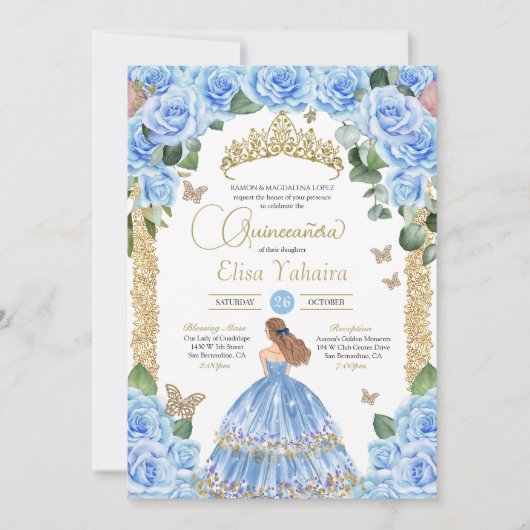 Lichtblauw Bloemen Gouden Vlinder Quinceañera Kaart (Voorkant)