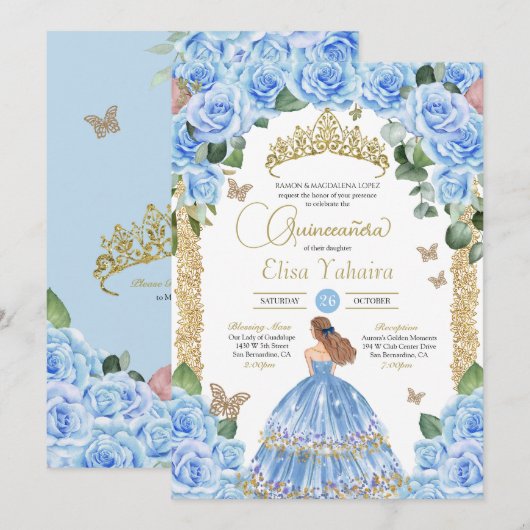 Lichtblauw Bloemen Gouden Vlinder Quinceañera Kaart (Voorkant / Achterkant)