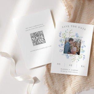 Lichtblauw Bloemen Lijst Foto QR Code Save The Date