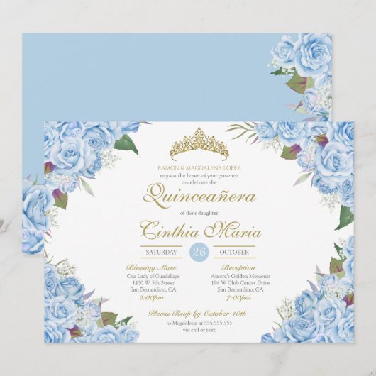 Lichtblauw Bloemen Roos Assepoester Quinceanera Kaart (Voorkant / Achterkant)