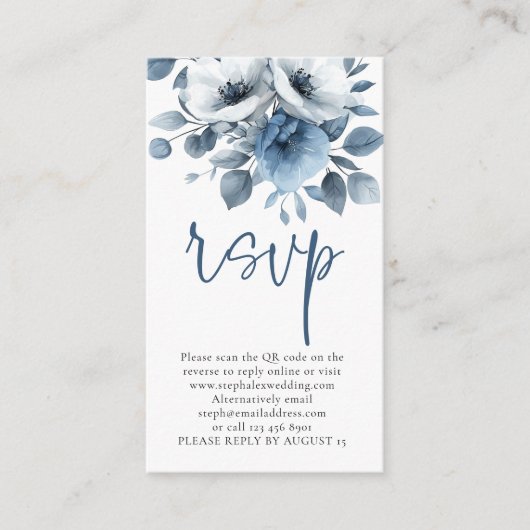 Lichtblauw Bloemen Script QR Code Bruiloft RSVP Informatiekaartje (Voorkant)