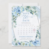 Lichtblauw Bloemen zilver lijst kalendermaand Save The Date (Voorkant)