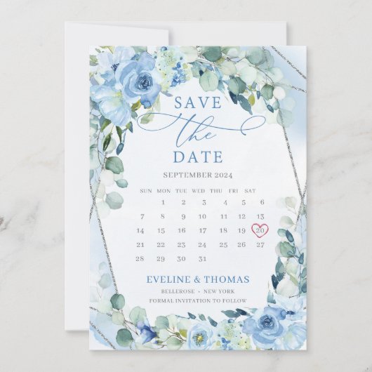 Lichtblauw Bloemen zilver lijst kalendermaand Save The Date (Voorkant)
