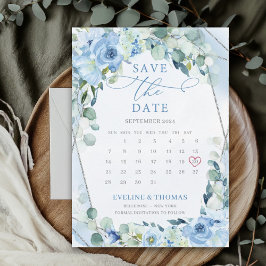 Lichtblauw Bloemen zilver lijst kalendermaand Save The Date