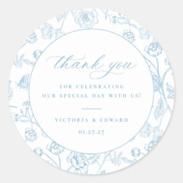  lichtblauw bloemenbruiloft dank u ronde sticker