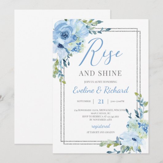 Lichtblauw bloemendesign zilveren lijst opstaan en kaart (Voorkant / Achterkant)