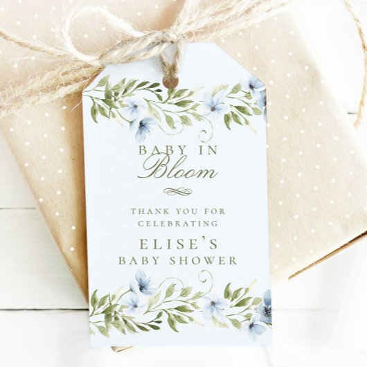 Lichtblauw Bloemenkrans Baby in Bloom Baby shower Cadeaulabel