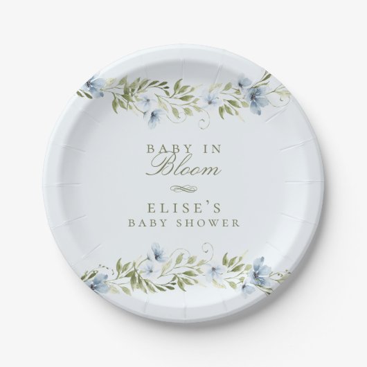 Lichtblauw Bloemenkrans Baby in Bloom Baby shower Papieren Bordje (Voorkant)