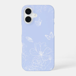 Lichtblauw Bloemenpatroon, Bloemig, Minimalistisch iPhone 16 Hoesje