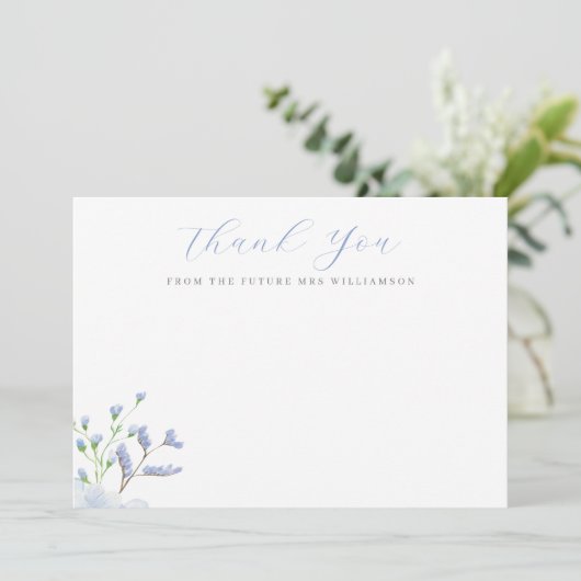 Lichtblauw bloemig Vrijgezellenfeest plat Bedankkaart (Staand voorkant)