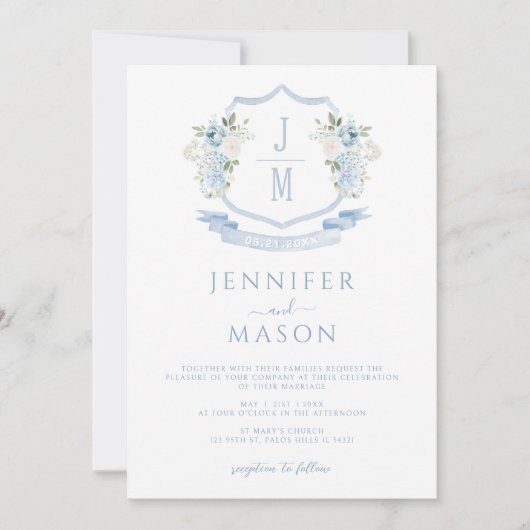 Lichtblauw Bloemkam Monogram Huwelijk Kaart (Voorkant)