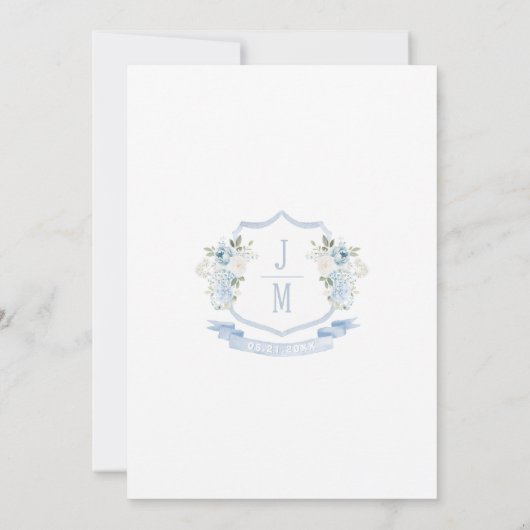 Lichtblauw Bloemkam Monogram Huwelijk Kaart (Achterkant)