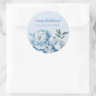Lichtblauw bloemmotief afstuderen ronde sticker