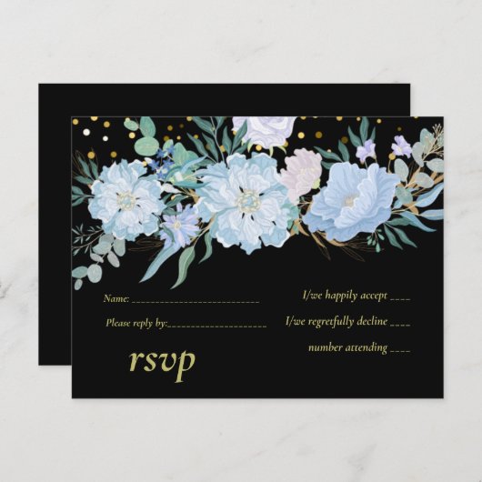 Lichtblauw bloemmotief Zwart Modern Huwelijksbudge Uitnodiging Briefkaart (Voorkant / Achterkant)